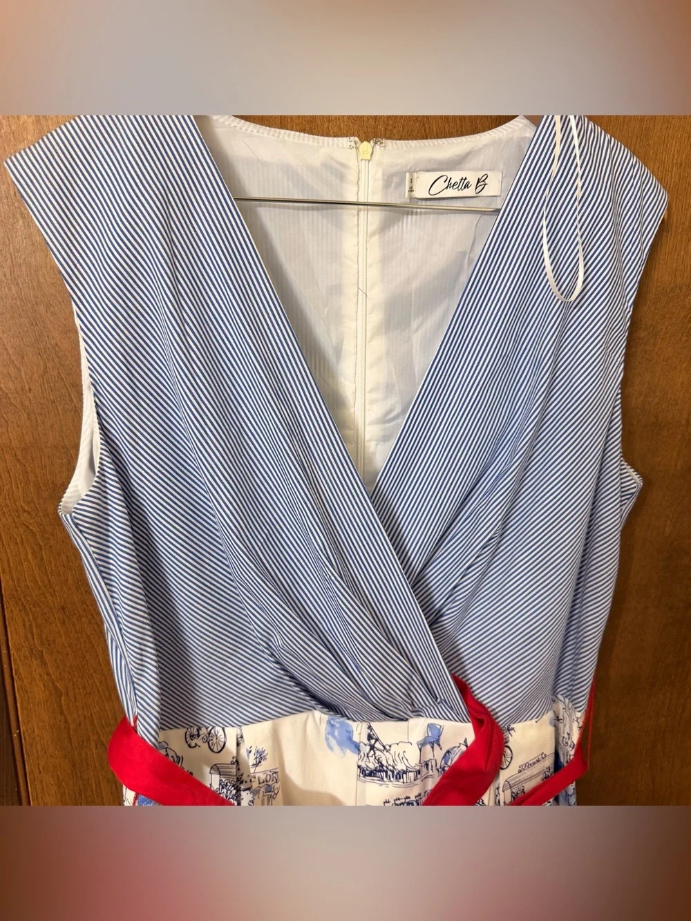 Chetta B Size 14 Blue/White Striped V-Neck A-Line Dress Red Tie Sash Zip